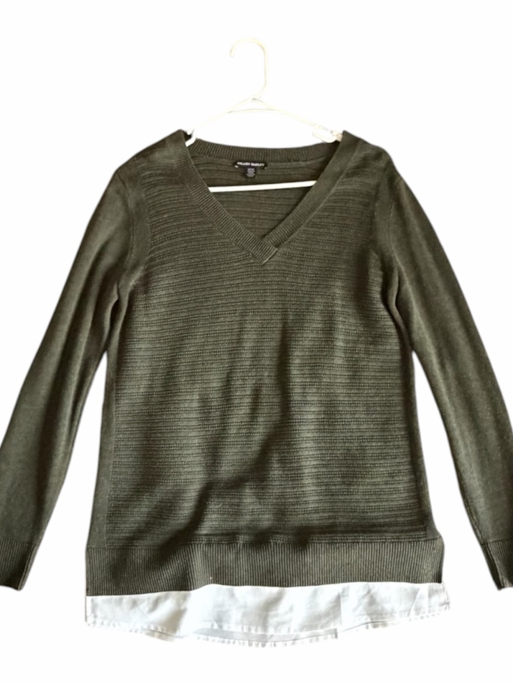 Hilary Radley Olive Green V-Neck Layered-Hem Sweater